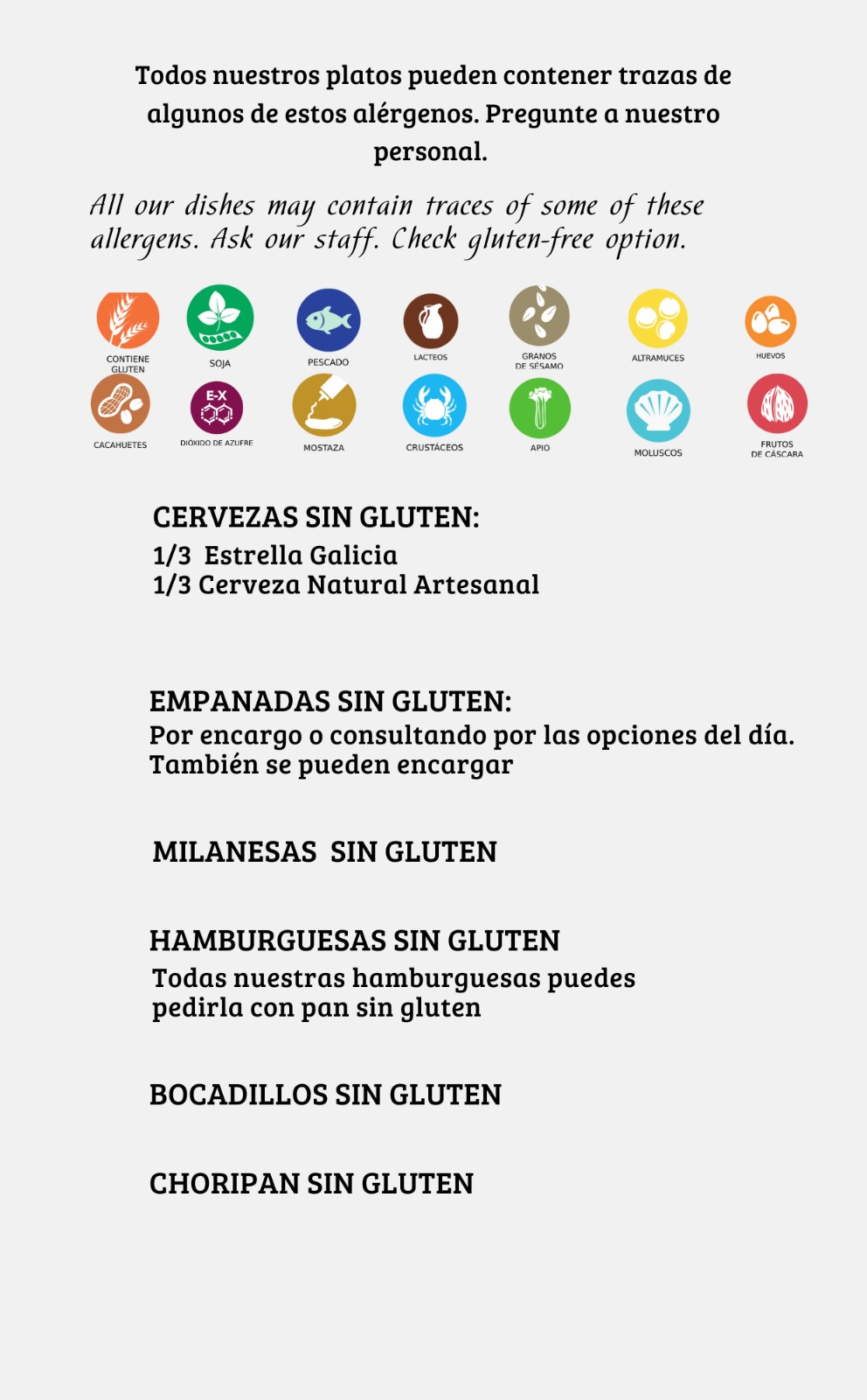 opciones sin gluten, comida argentina, bar martin fierro, celiacos, alergenos, menu bar martin fierro
